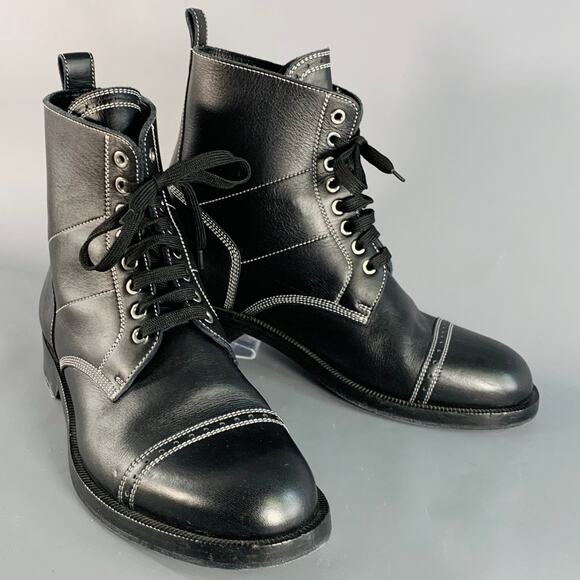 LOEWE FW17 Size 12 Black White Contrast Stitch Leather Military Boots - Picture 1 of 9